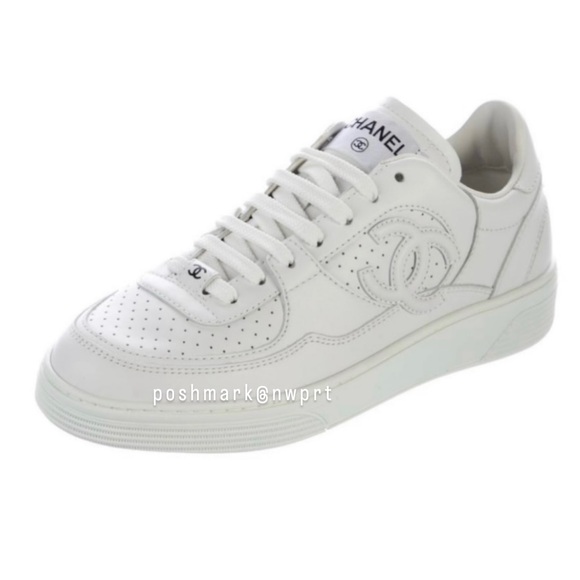 CHANEL 💯 23A White CC Logo Platform Leather Sneakers Runners 37.5 37 7 Box - Picture 11 of 11
